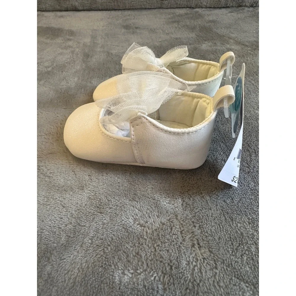 Carters Baby Girl White Sparkle Mary Jane Crib Shoes Tulle Bow Size‎ 2 3-6M New